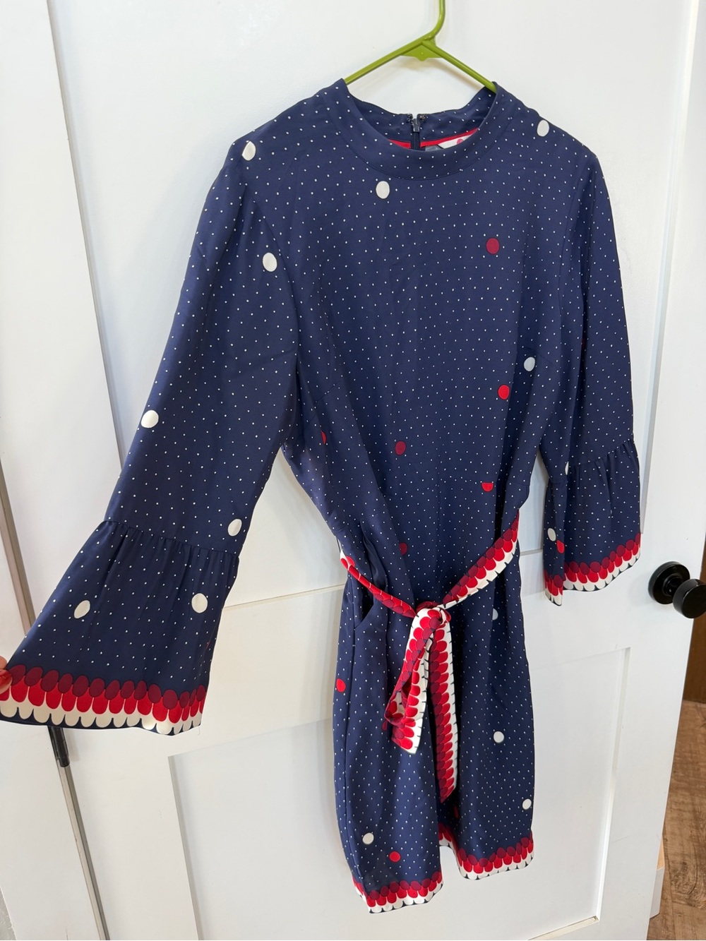 Boden Navy Polka Dot Belted Dress with Red Accent size 12 - Picture 2 of 7